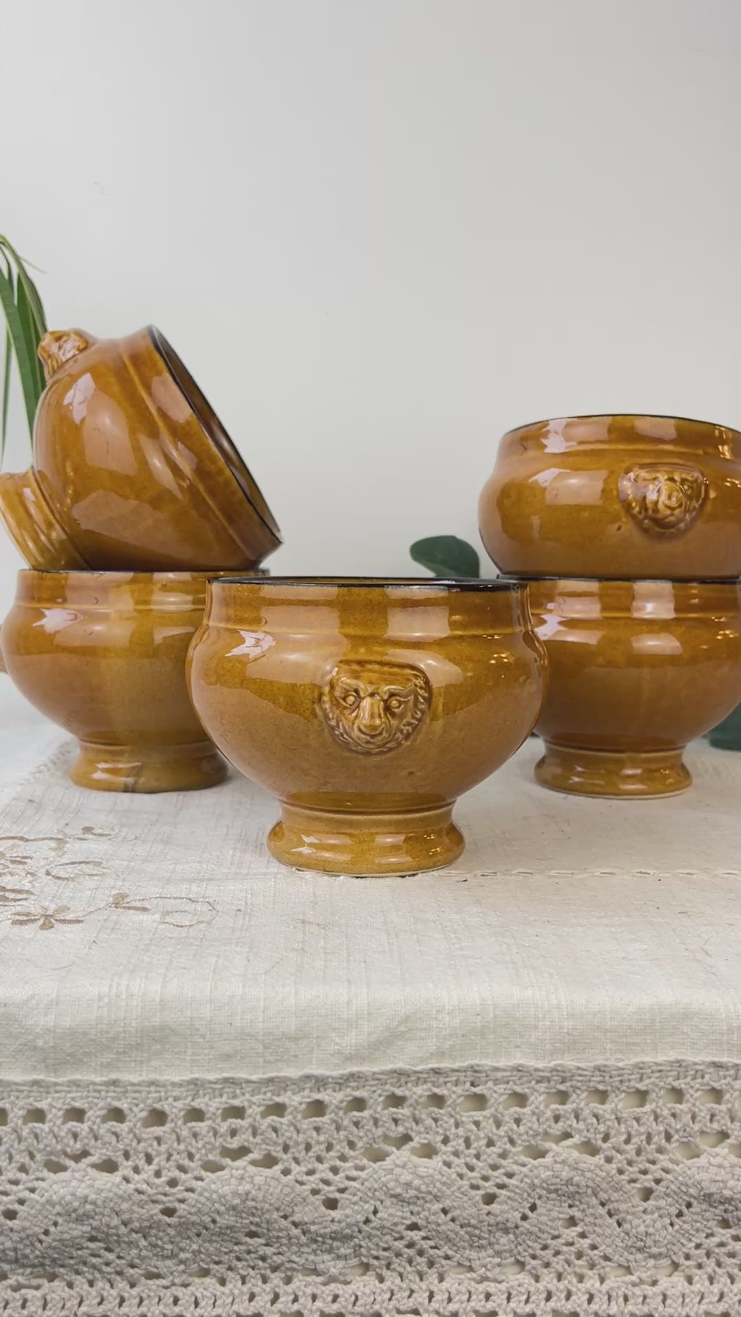 5 Bols à Soupe à l'Oignon Tête de Lion en Céramique Vintage Emile Henry - miel et noir, Made in France - Élégance Tradition