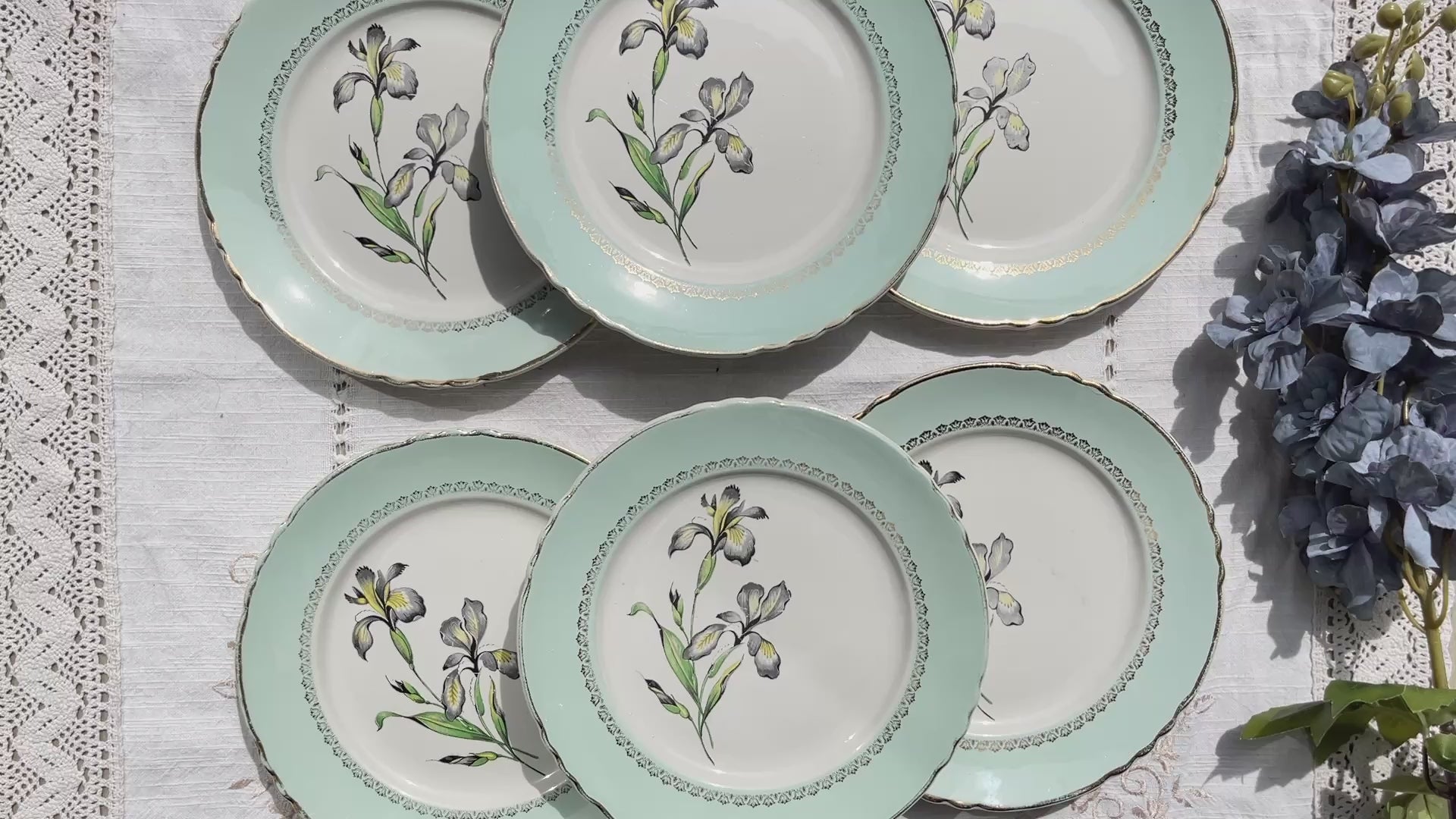 6 Assiettes plates porcelaine vintage blanche verte Iris Moulin des Loups "Sargosse" 1950s