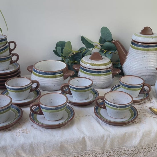 Service à café vintage en grès moucheté gris rayures vertes bleues des années 1950 - Tasses à café en grès vintage - théière vintage grès