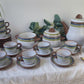 Service à café vintage en grès moucheté gris rayures vertes bleues des années 1950 - Tasses à café en grès vintage - théière vintage grès