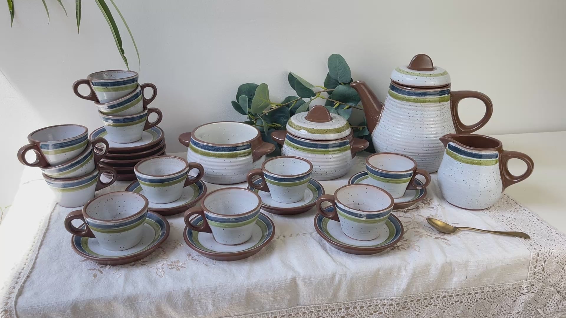 Service à café vintage en grès moucheté gris rayures vertes bleues des années 1950 - Tasses à café en grès vintage - théière vintage grès