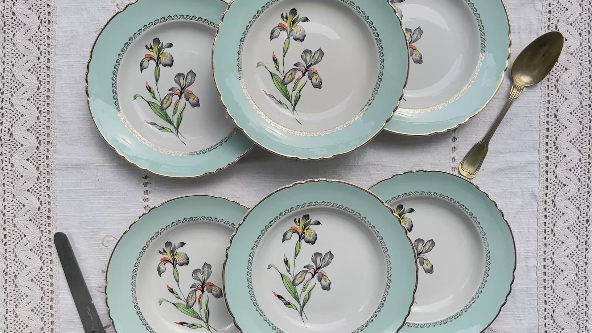 6 Assiettes creuses porcelaine vintage blanche verte Iris Moulin des Loups "Sargosse" 1950s