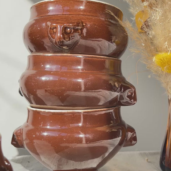 7 Bols à Soupe à l'Oignon Tête de Lion en Céramique Vintage Emile Henry - Marron, Made in France