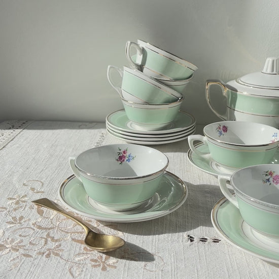 Service à thé/café vintage en porcelaine blanche verte fleurie SALINS made in France 