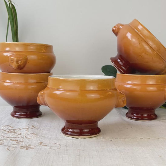 5 Bols à Soupe à l'Oignon Tête de Lion en Céramique Vintage Emile Henry - dégradé Miel/Marron, Made in France - Élégance Tradition