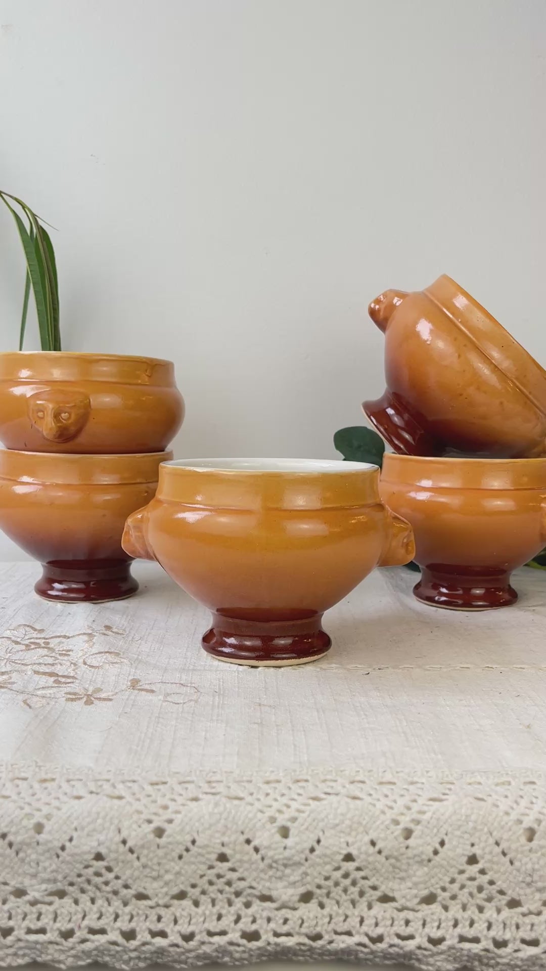 5 Bols à Soupe à l'Oignon Tête de Lion en Céramique Vintage Emile Henry - dégradé Miel/Marron, Made in France - Élégance Tradition