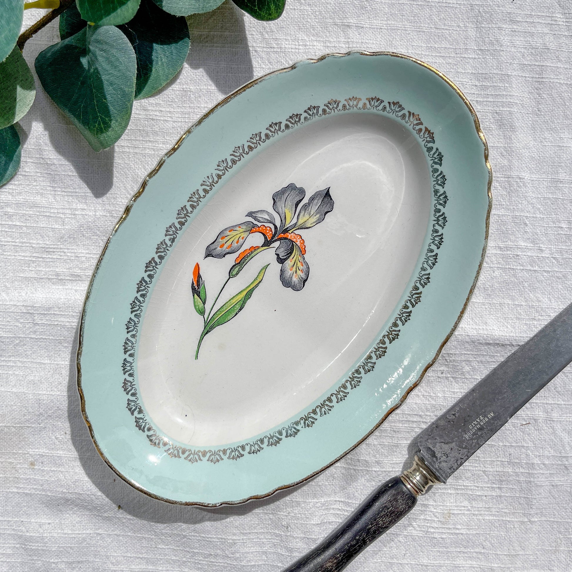 Ravier en porcelaine vintage blanche verte Iris Moulin des Loups "Sargosse" 1950s