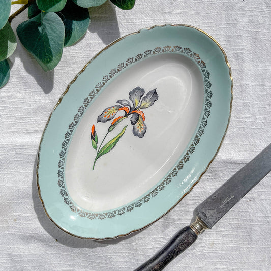Ravier en porcelaine vintage blanche verte Iris Moulin des Loups "Sargosse" 1950s