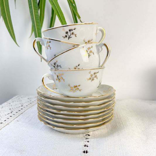 Service à thé/café vintage en porcelaine blanche doré Chauvigny