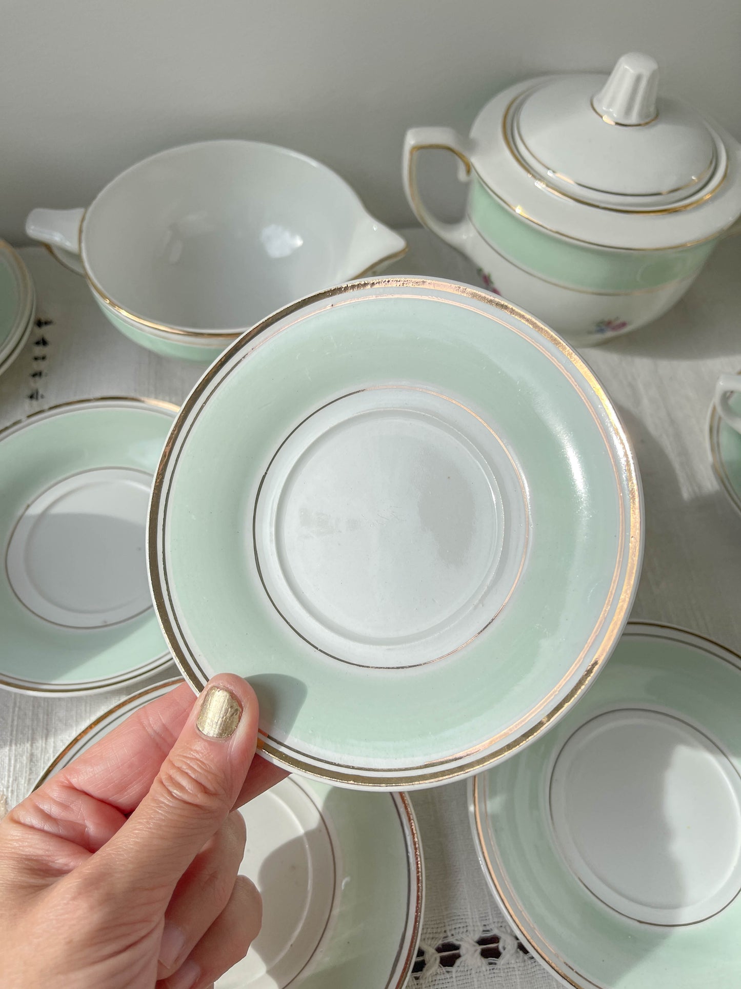 Service à thé/café vintage en porcelaine blanche verte fleurie SALINS made in France 