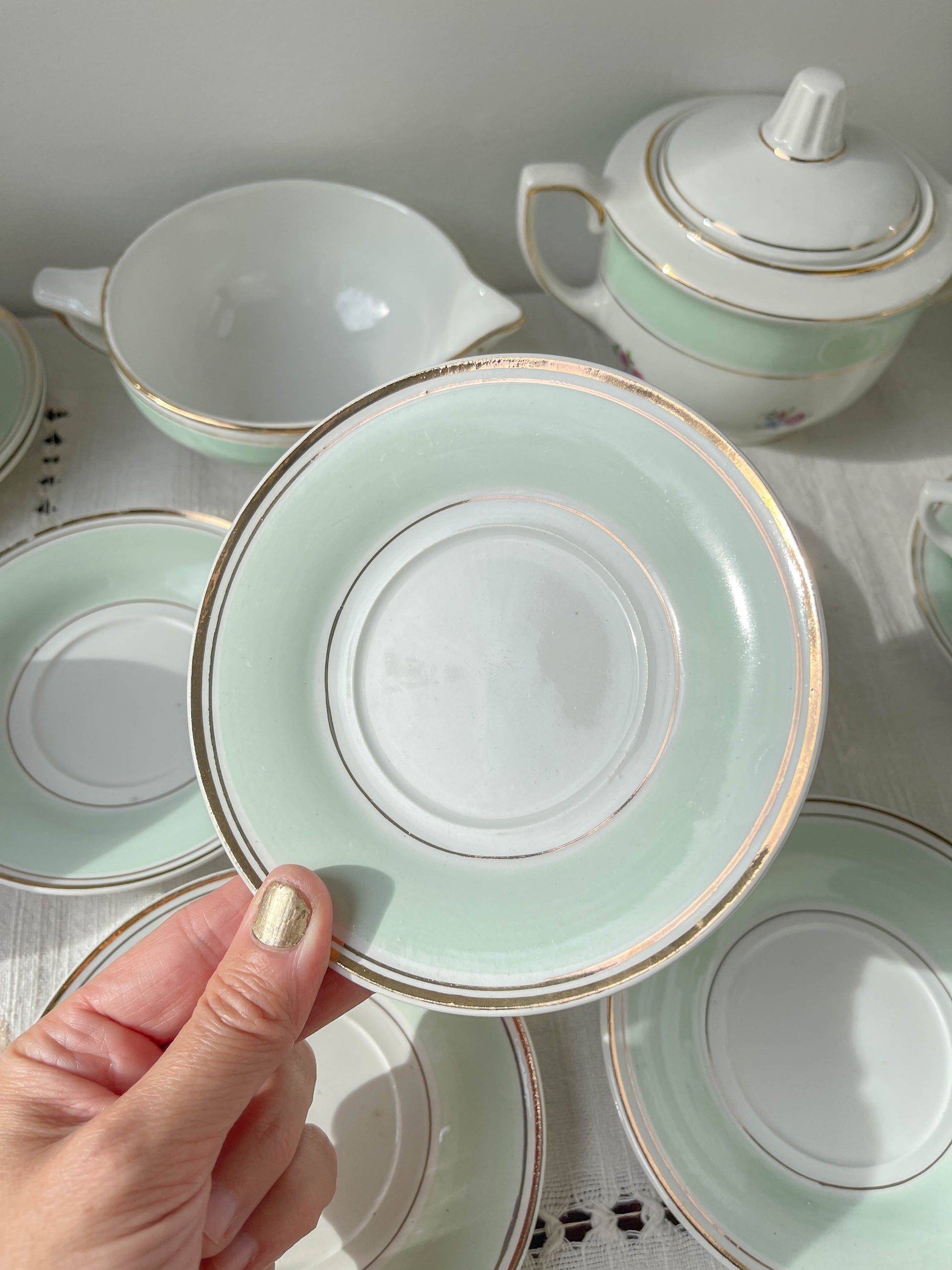 Service à thé/café vintage en porcelaine blanche verte fleurie SALINS made in France 