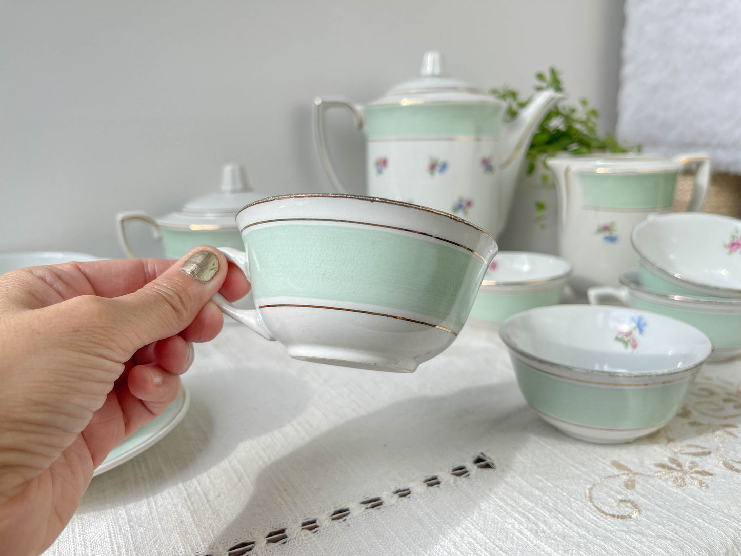 Vintage tea/coffee set in white porcelain with green floral pattern, SALINS, made in France.