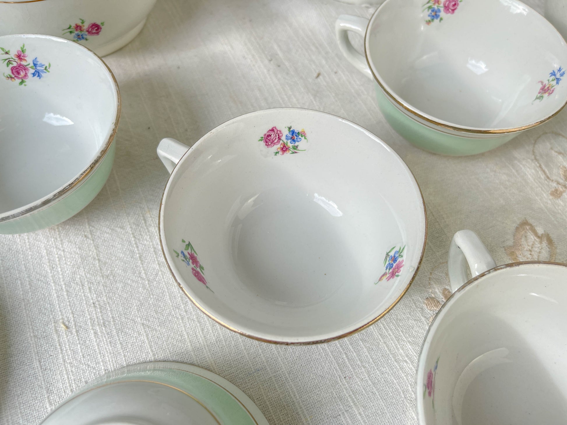 Service à thé/café vintage en porcelaine blanche verte fleurie SALINS made in France 