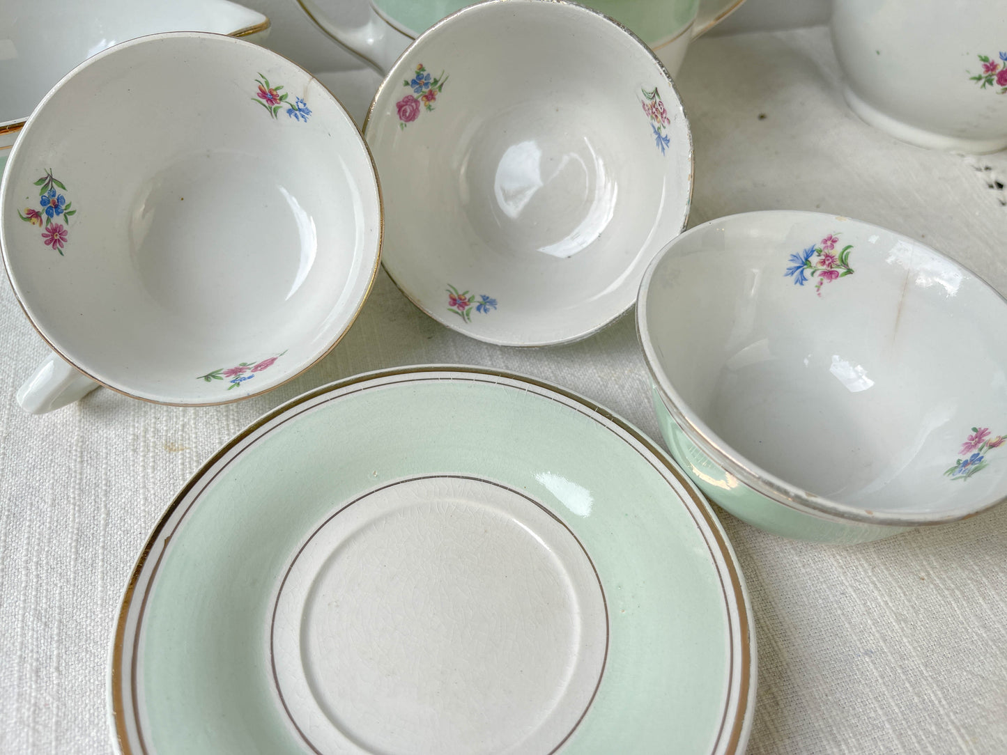 Service à thé/café vintage en porcelaine blanche verte fleurie SALINS made in France 