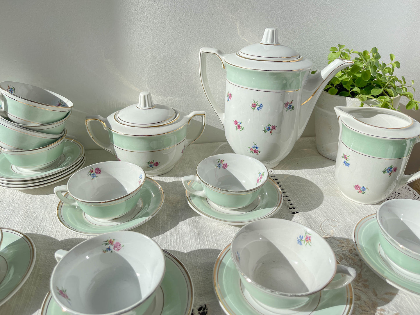 Vintage tea/coffee set in white porcelain with green floral pattern, SALINS, made in France.