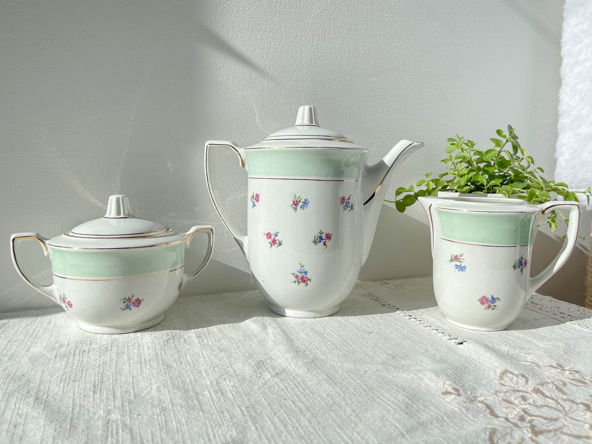 Service à thé/café vintage en porcelaine blanche verte fleurie SALINS made in France 