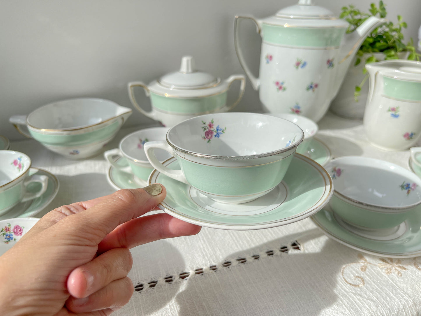 Vintage tea/coffee set in white porcelain with green floral pattern, SALINS, made in France.