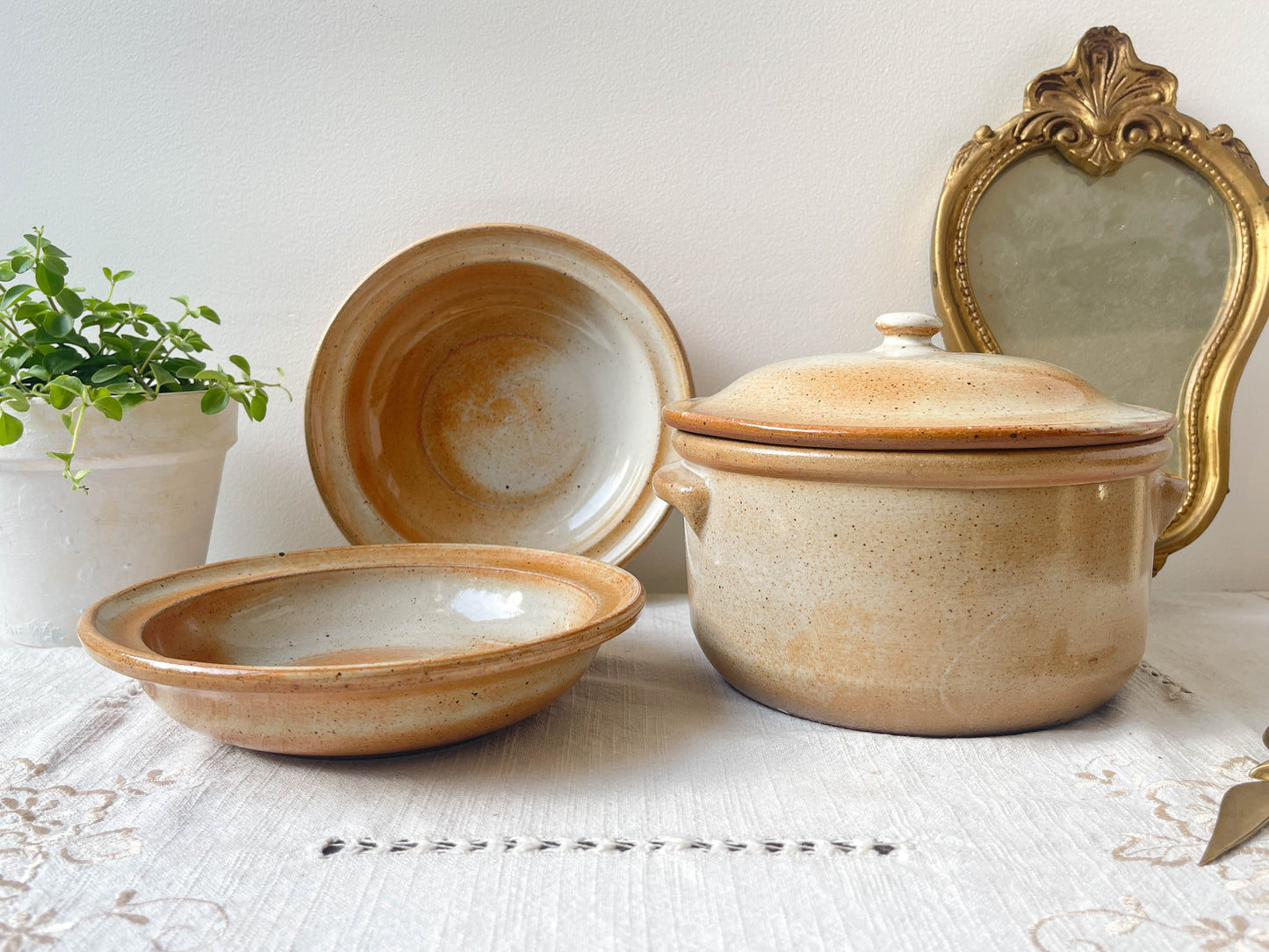 Assiettes creuses et soupière mouchetées en Grès du Marais France vintage