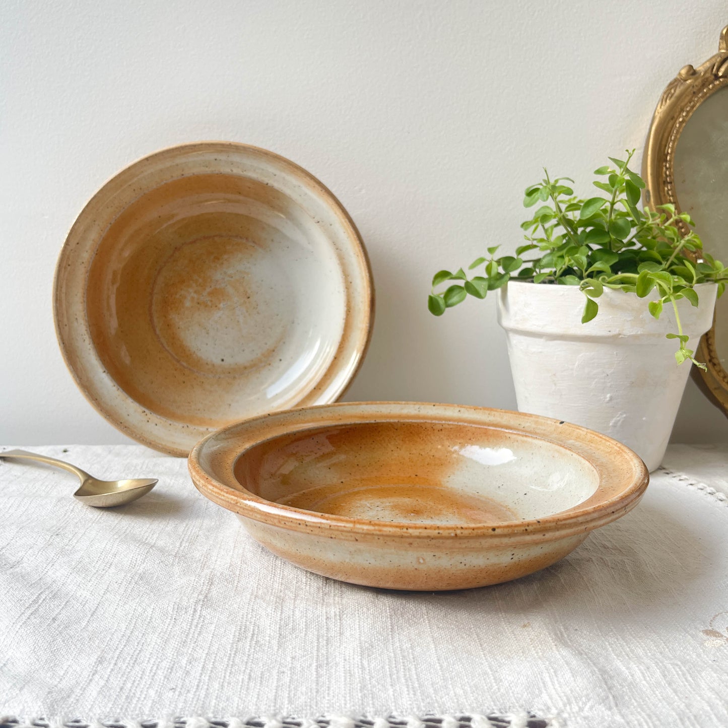 Assiettes creuses et soupière mouchetées en Grès du Marais France vintage