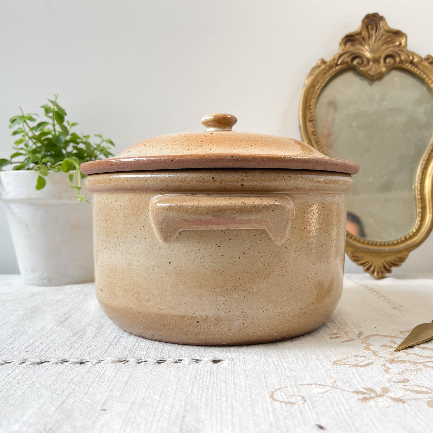 Assiettes creuses et soupière mouchetées en Grès du Marais France vintage