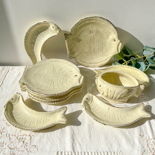 Service poisson vintage italien La Quercia – Assiettes & coupelles en céramique – Art de la table Italie années 50