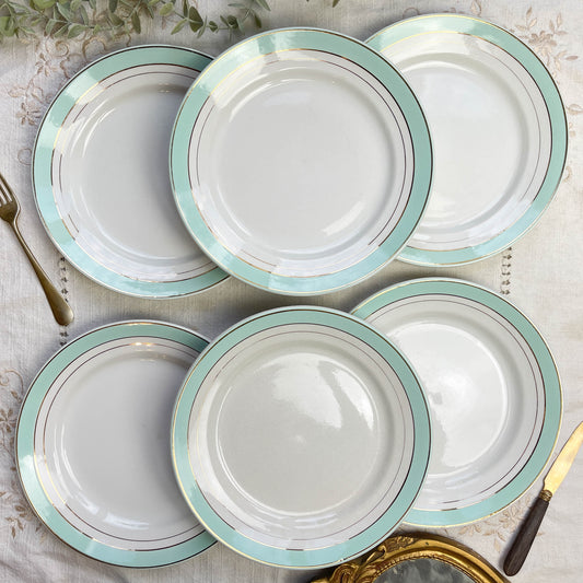 6 Assiettes plates porcelaine vintage blanches vertes LUNEVILLE modèle EPINAY 1950 - LOT B