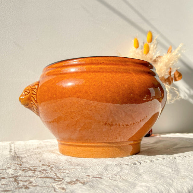 Soupière Tête de Lion en Céramique Vintage - Miel et noir, Made in France - Élégance et Tradition pour vos Recettes