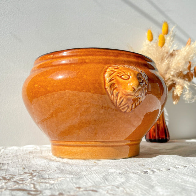 Soupière Tête de Lion en Céramique Vintage - Miel et noir, Made in France - Élégance et Tradition pour vos Recettes