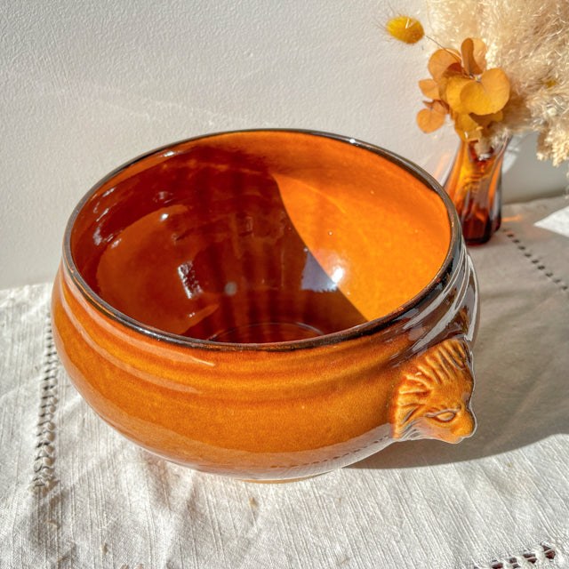 Soupière Tête de Lion en Céramique Vintage - Miel et noir, Made in France - Élégance et Tradition pour vos Recettes