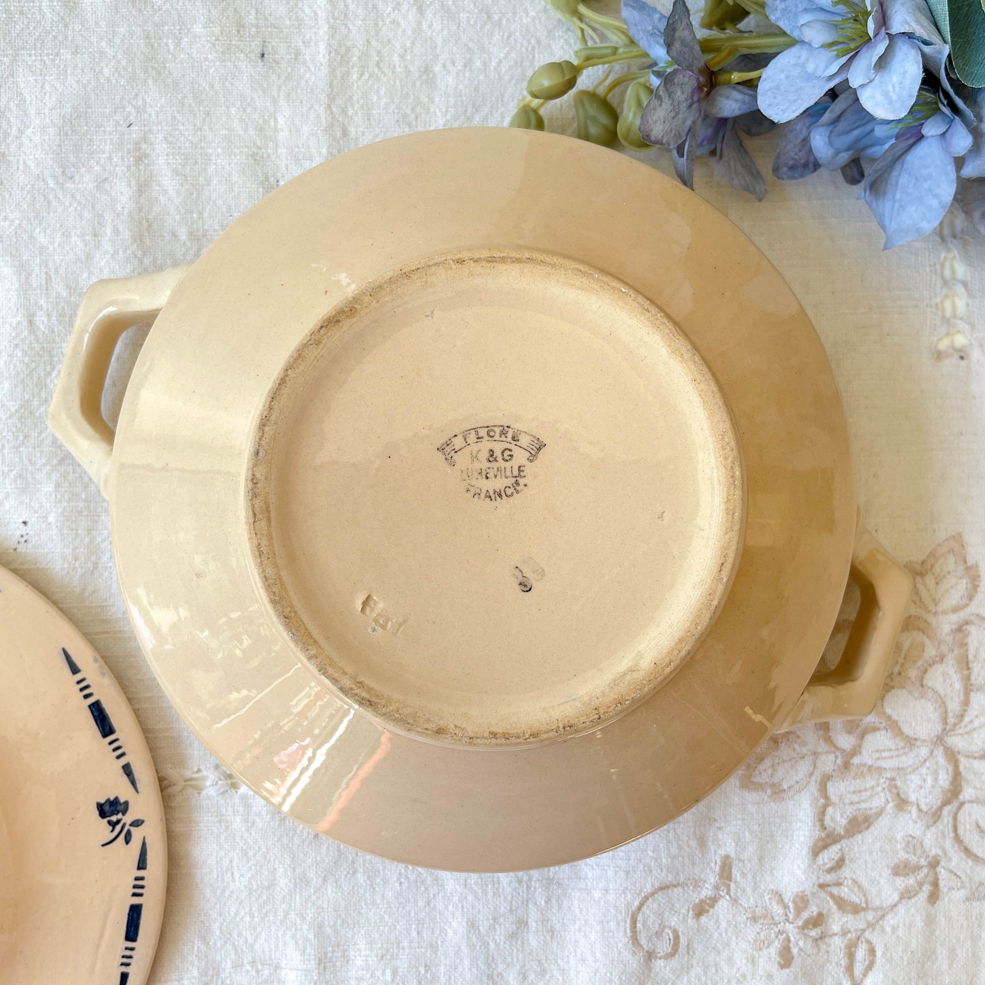 Petite soupière porcelaine vintage K&g Luneville "Flore" 1950s petites fleures bleues