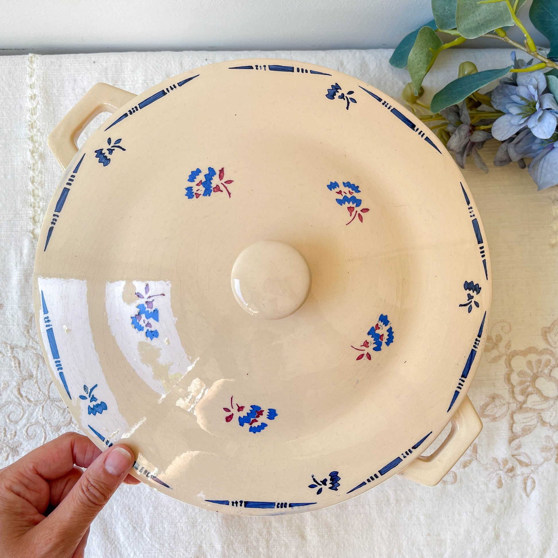 Soupière porcelaine vintage K&g Luneville "Flore" 1950s petites fleures bleues