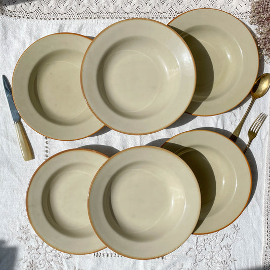 6 Assiettes creuses en grès beige Tulowice Poland 1970 - violn.fr